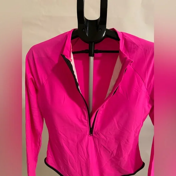Women's Pink and Black Swimsuit-one-piece long sleeve - Picture 3 of 7